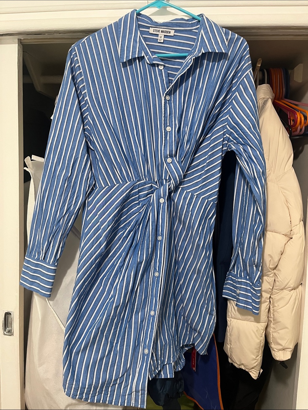 Steve Madden Blue and White Striped Button-Front Shirt Dress